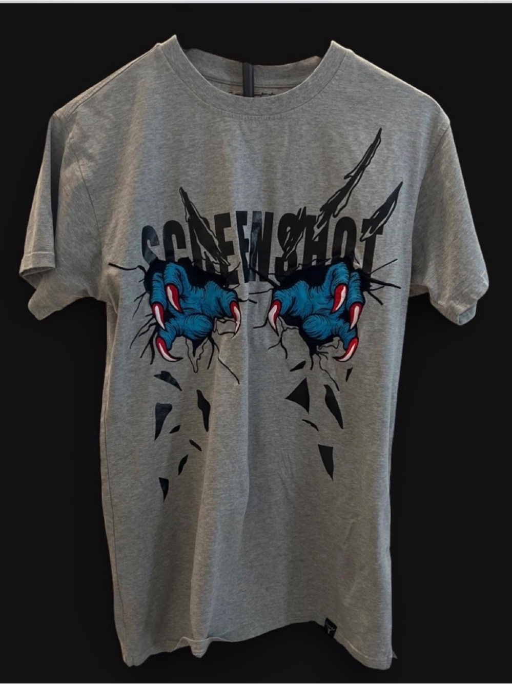 Grey Graphic Short Sleeve T‑Shirt with Blue Claw Print